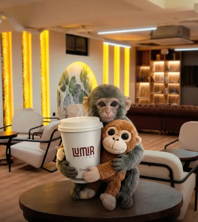 Lumir Coffee bardağını kucaklayan maymun